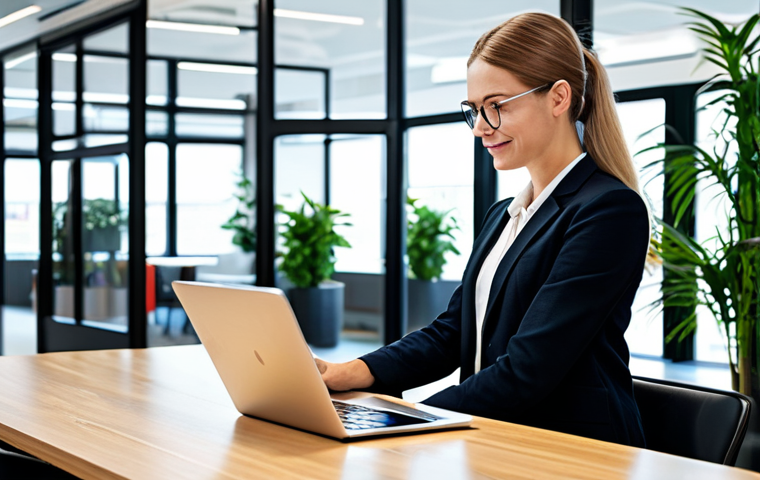 A professional individual, fully clothed in a modern business casual outfit, sits focused at a sleek desk in a bright, contemporary co-working space. On the tablet in front of them, a user interface displays clear, positive customer reviews and real-time trust metrics, reflecting the transparency and reliability of a digital sharing platform. The background subtly includes elements like shared communal plants and modern, ergonomic shared furniture, emphasizing a collaborative environment. The image highlights the digital aspects of building trust and community in the sharing economy. safe for work, appropriate content, fully clothed, professional, perfect anatomy, correct proportions, natural pose, well-formed hands, proper finger count, natural body proportions, high quality, photorealistic.