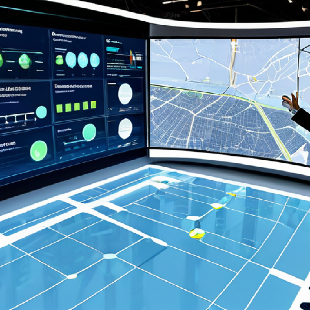 디지털 공유경제의 성장 요인 - The central focus is a sleek, transparent holographic interface displaying complex data visualizatio...