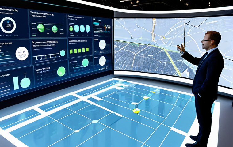 디지털 공유경제의 성장 요인 - The central focus is a sleek, transparent holographic interface displaying complex data visualizatio...