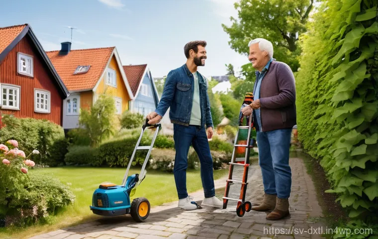 디지털 공유경제의 사용 사례 연구 - **Community Tool Sharing in a Swedish Neighborhood:**
    "A bright, sunny afternoon scene in a pict...