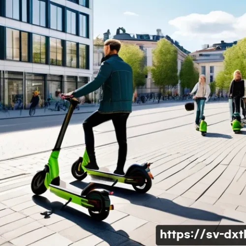 Home 13 디지털 공유경제의 경제적 기여도 평가 - A vibrant urban scene in Stockholm showing diverse people sharing electric scooters and bicycles on ...