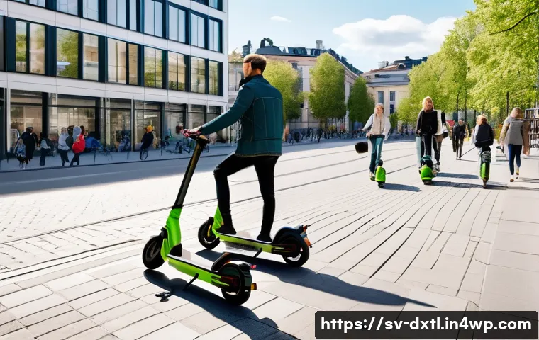 디지털 공유경제의 경제적 기여도 평가 - A vibrant urban scene in Stockholm showing diverse people sharing electric scooters and bicycles on ...