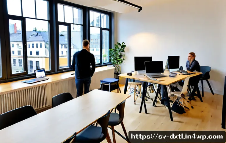 Home 17 디지털 공유경제의 글로벌 트렌드 - Photorealistic wide-angle scene of a modern Stockholm coworking space where diverse Swedish and inte...