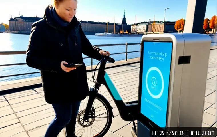 Home 17 디지털 공유경제의 원활한 운영을 위한 기술 - Photorealistic Stockholm shared electric bicycle station on a clean waterfront street, a Swedish com...