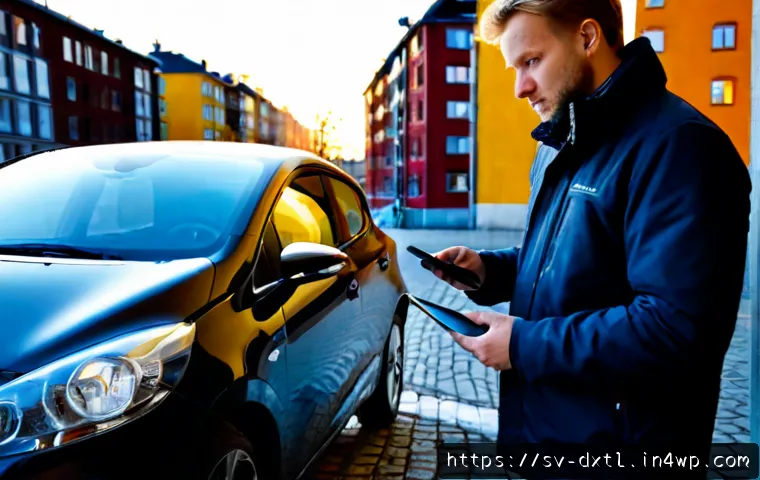 Home 17 디지털 공유경제의 품질 관리 전략 - Photorealistic Swedish car-sharing quality inspection, a professional technician in a clean winter j...